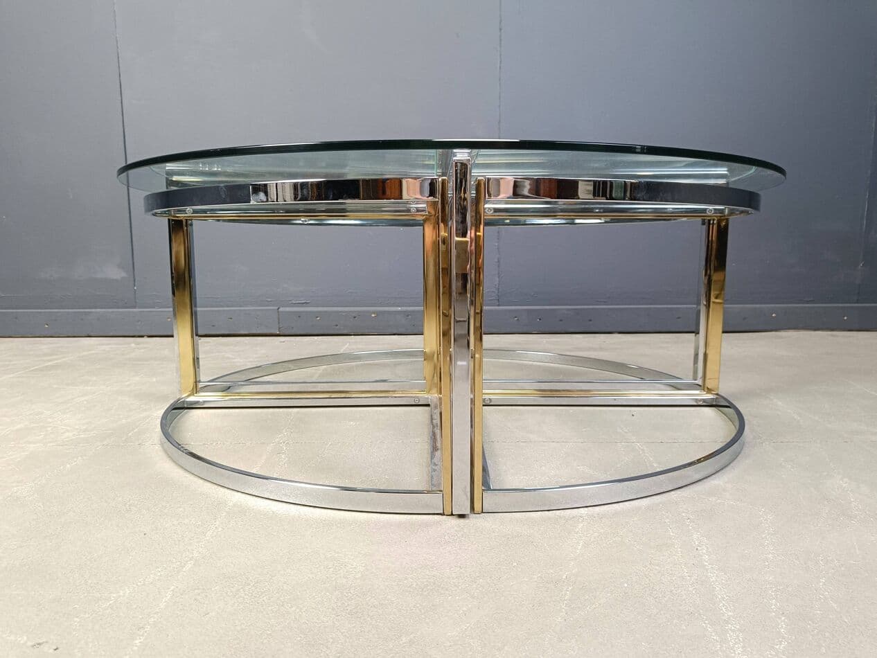 Set of five coffee tables, gold, brass, glass, chrome, France, 1970s. - 267420