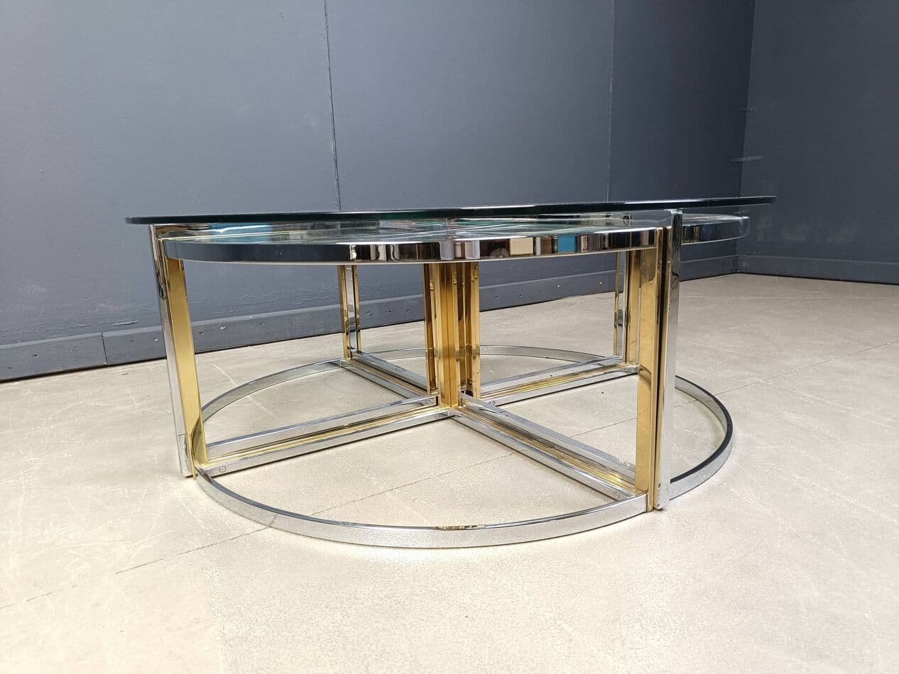 Set of five coffee tables, gold, brass, glass, chrome, France, 1970s. - 267419