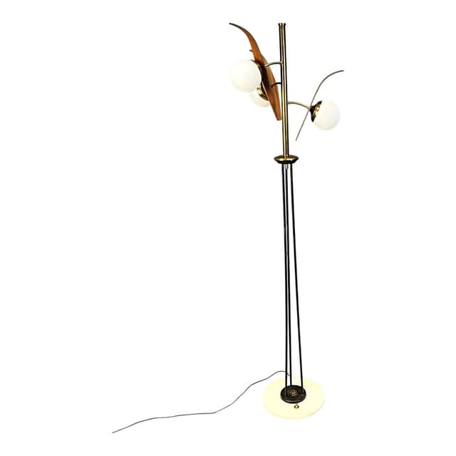 Lampa podłogowa, teak brązowy, mosiądz złoty, metal czarny, szkło białe, marmur biały, Stilnovo, Włochy, lata 60. - WYMIARY