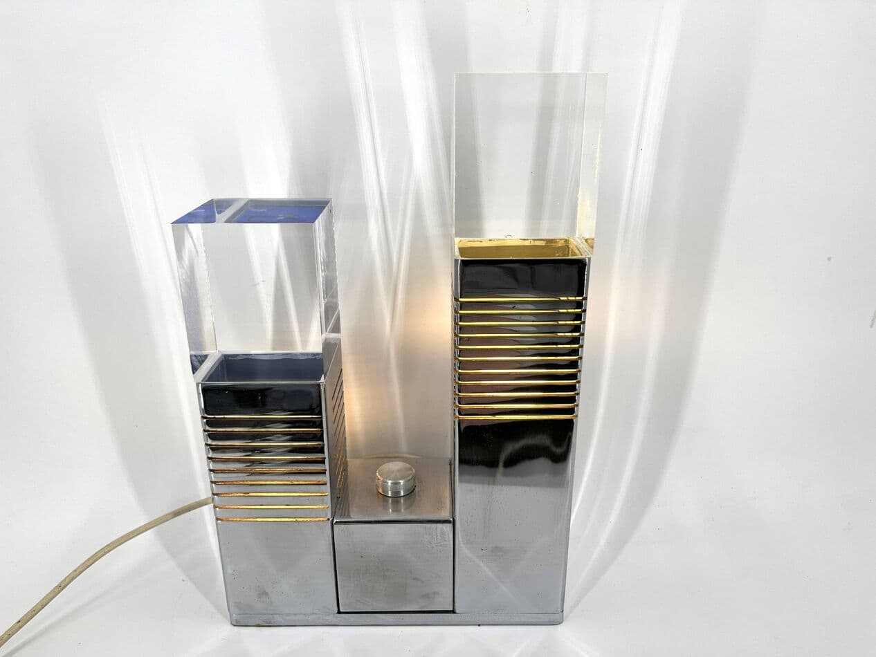Lampa stołowa, chrom srebrny, pleksi, Włochy, lata 70. - 267384