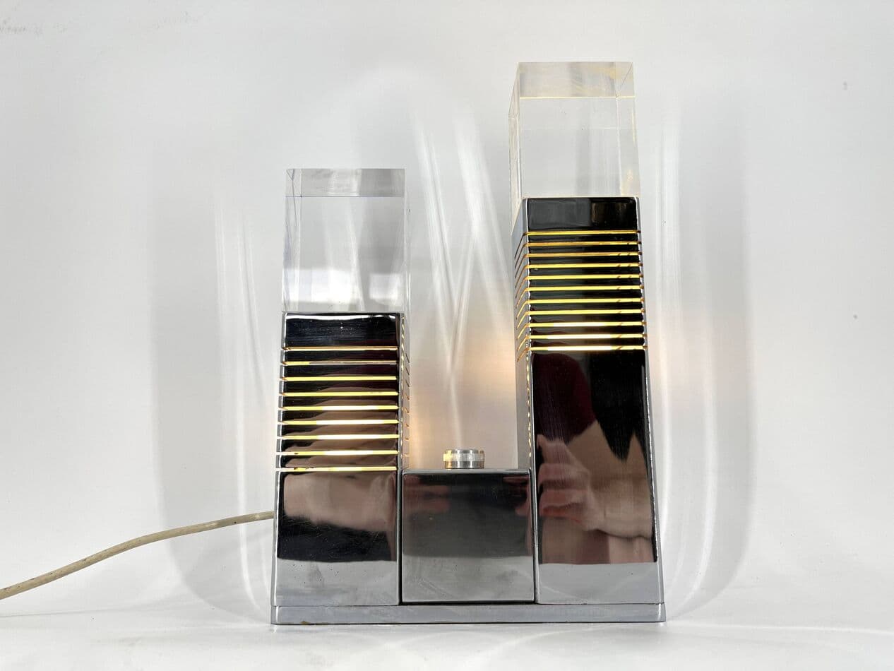 Lampa stołowa, chrom srebrny, pleksi, Włochy, lata 70. - 267374