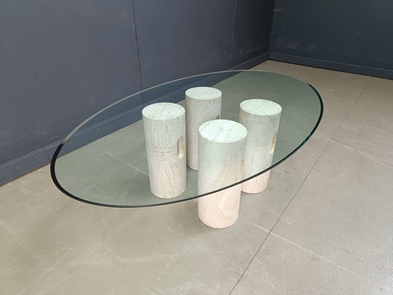 Stolik kawowy, beżowy, trawertyn, szkło, Włochy, lata 70. - 267288