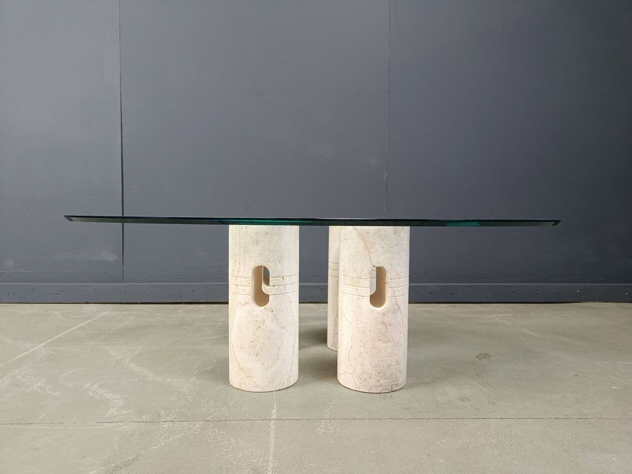 Stolik kawowy, beżowy, trawertyn, szkło, Włochy, lata 70. - 267279