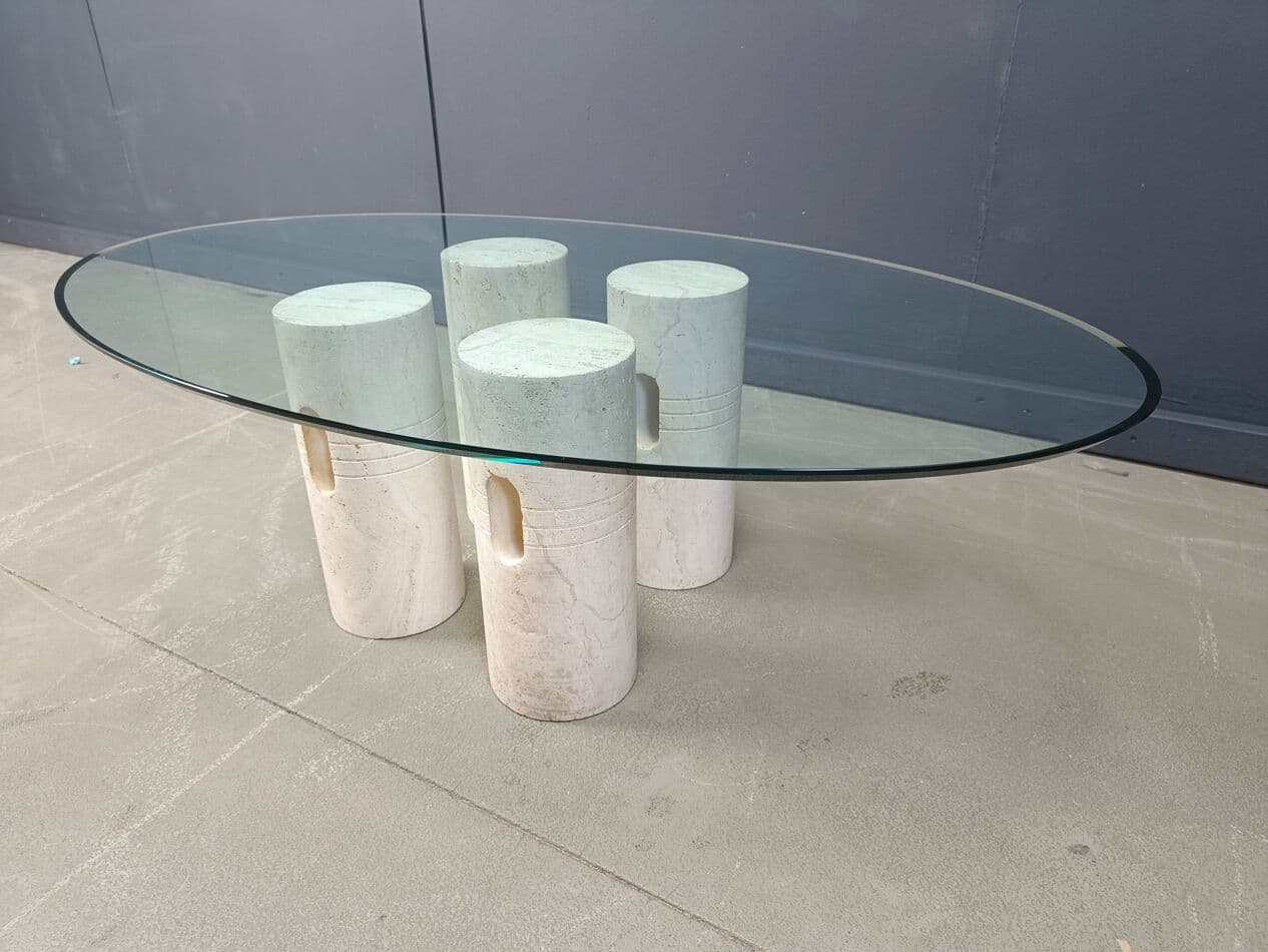 Stolik kawowy, beżowy, trawertyn, szkło, Włochy, lata 70. - 267289