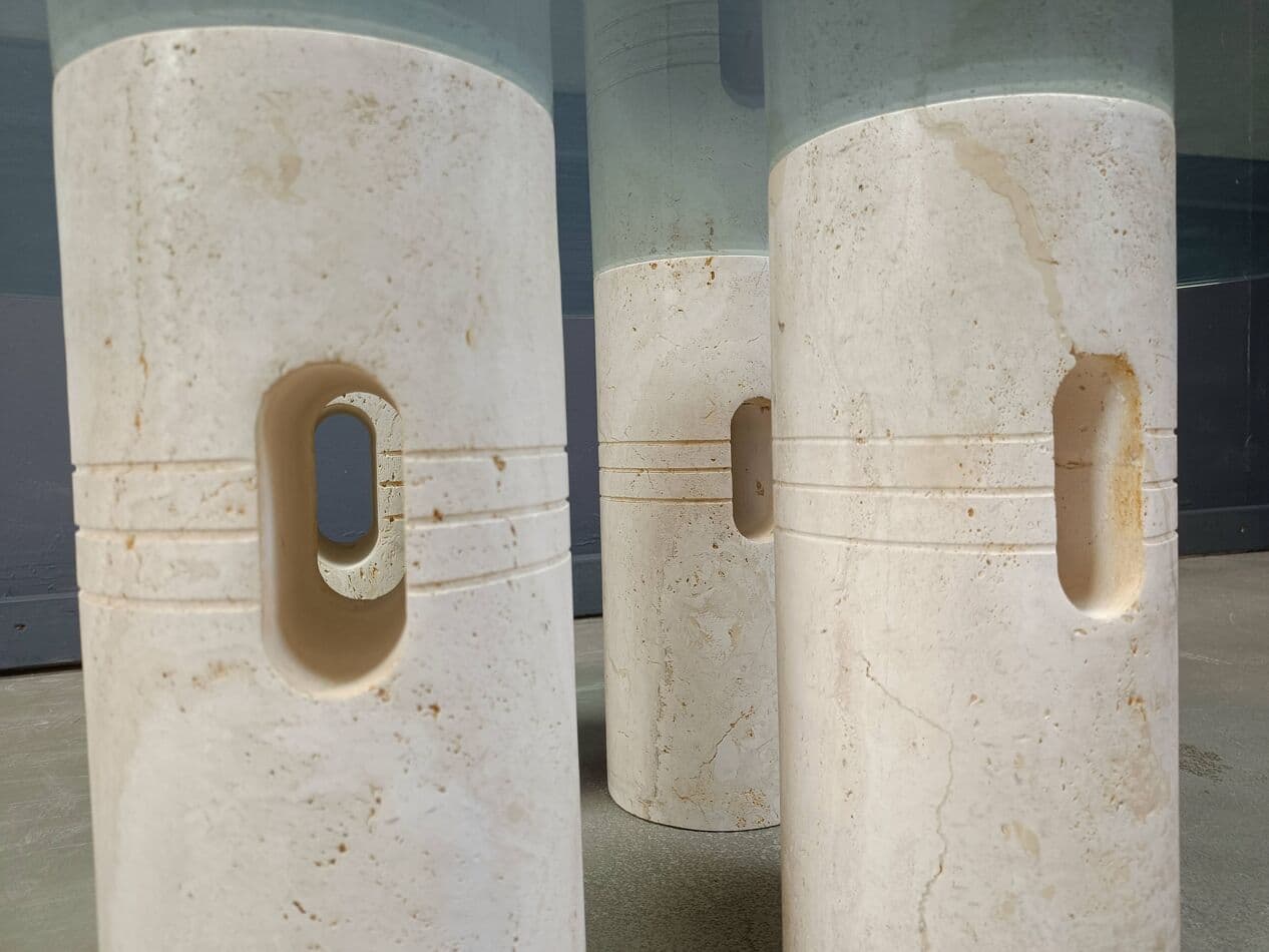 Stolik kawowy, beżowy, trawertyn, szkło, Włochy, lata 70. - 267284