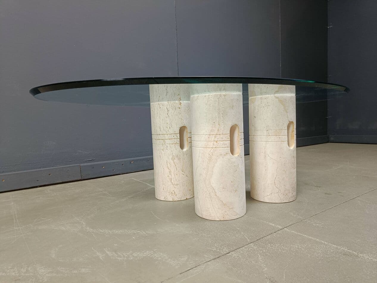 Stolik kawowy, beżowy, trawertyn, szkło, Włochy, lata 70. - 267286