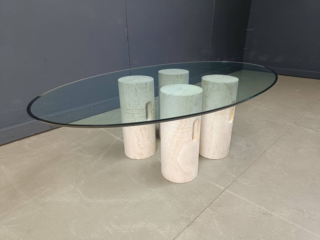 Stolik kawowy, beżowy, trawertyn, szkło, Włochy, lata 70. - 267287