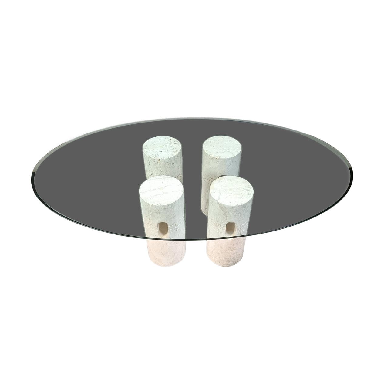 Stolik kawowy, beżowy, trawertyn, szkło, Włochy, lata 70.