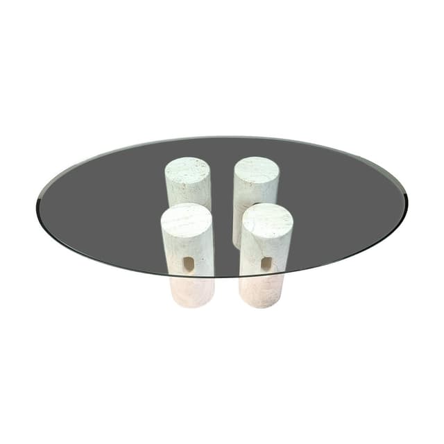 Stolik kawowy, beżowy, trawertyn, szkło, Włochy, lata 70. - WYMIARY