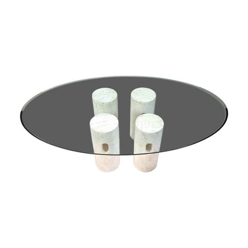 Coffee table, beige travertine, glass, Italy, 1970s.