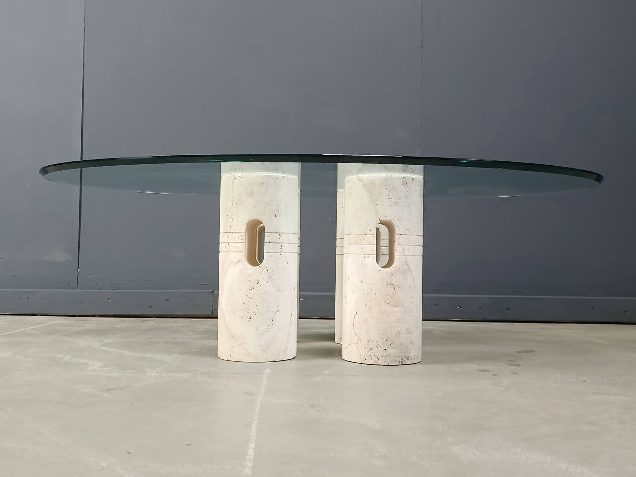 Stolik kawowy, beżowy, trawertyn, szkło, Włochy, lata 70. - 267282