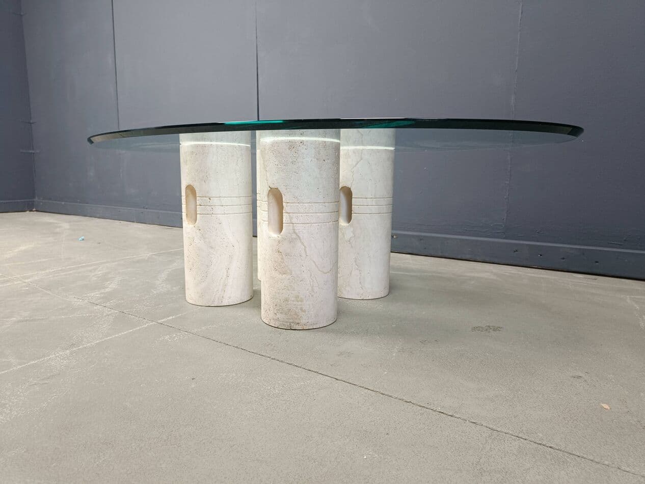 Stolik kawowy, beżowy, trawertyn, szkło, Włochy, lata 70. - 267276
