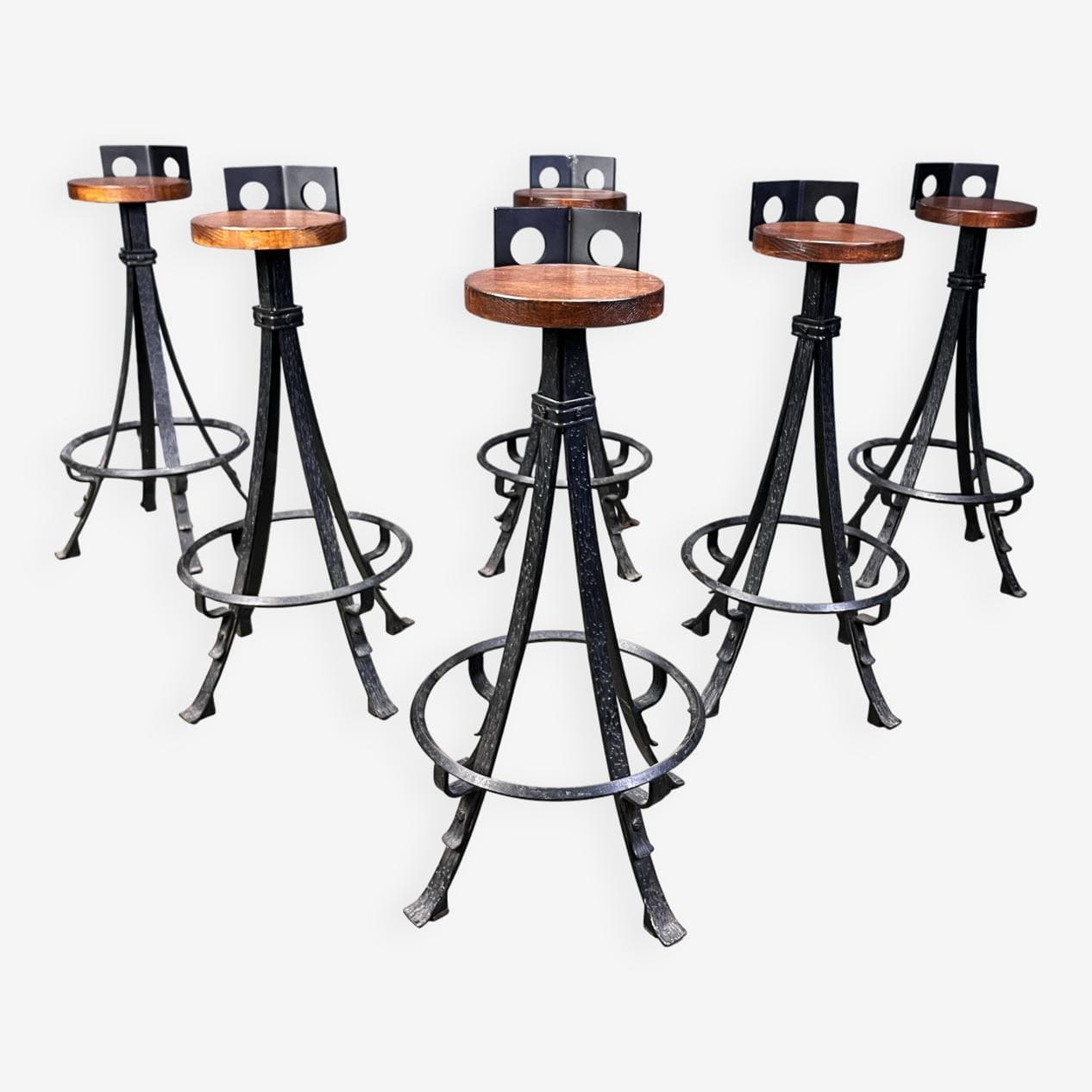 Zestaw sześciu stołków barowych brutalistycznych, drewno brązowe, żelazo czarne, Niemcy, lata 70. - 267256