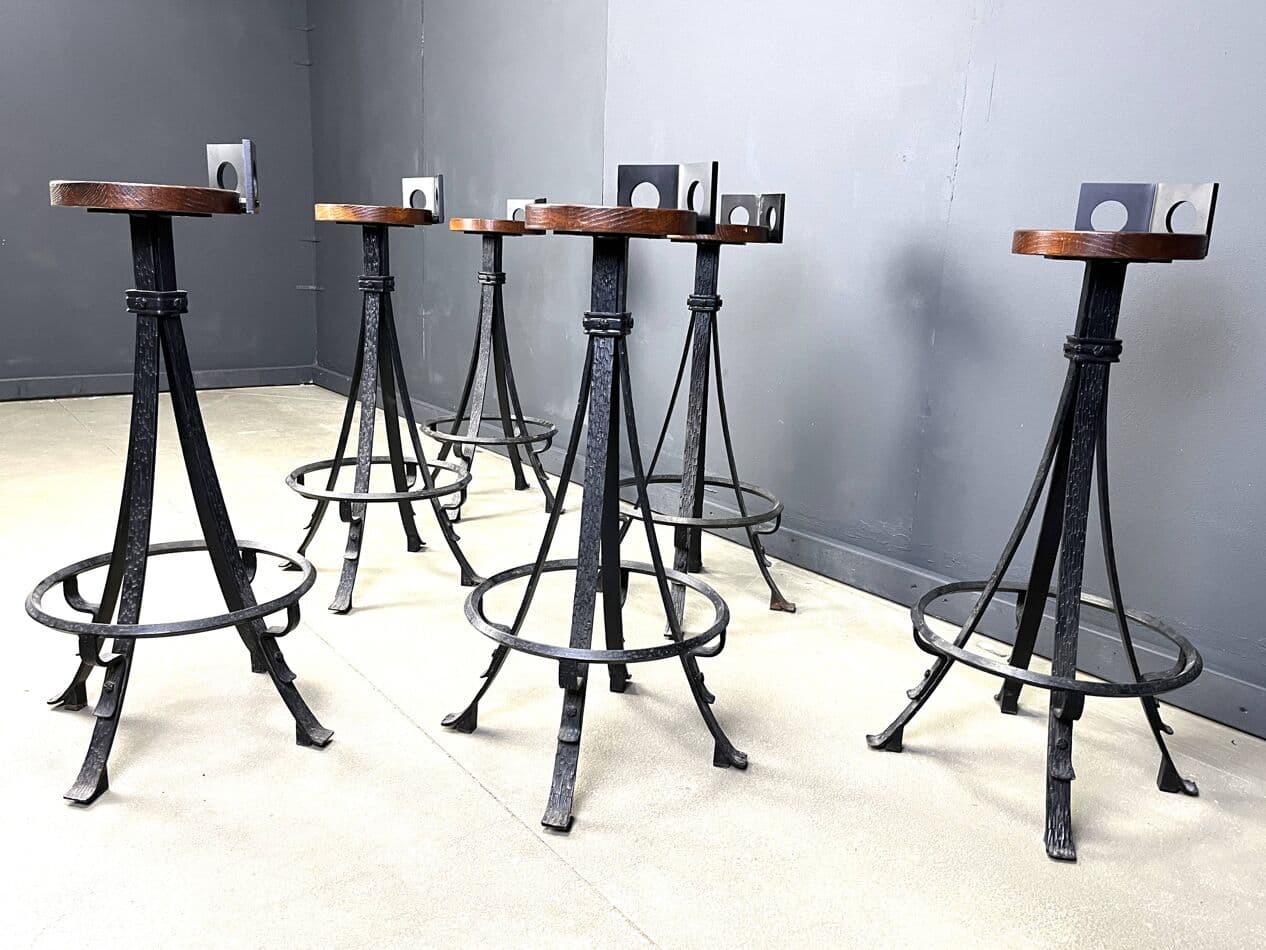 Zestaw sześciu stołków barowych brutalistycznych, drewno brązowe, żelazo czarne, Niemcy, lata 70. - 267253