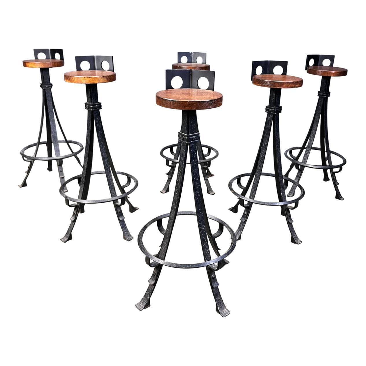 Zestaw sześciu stołków barowych brutalistycznych, drewno brązowe, żelazo czarne, Niemcy, lata 70.
