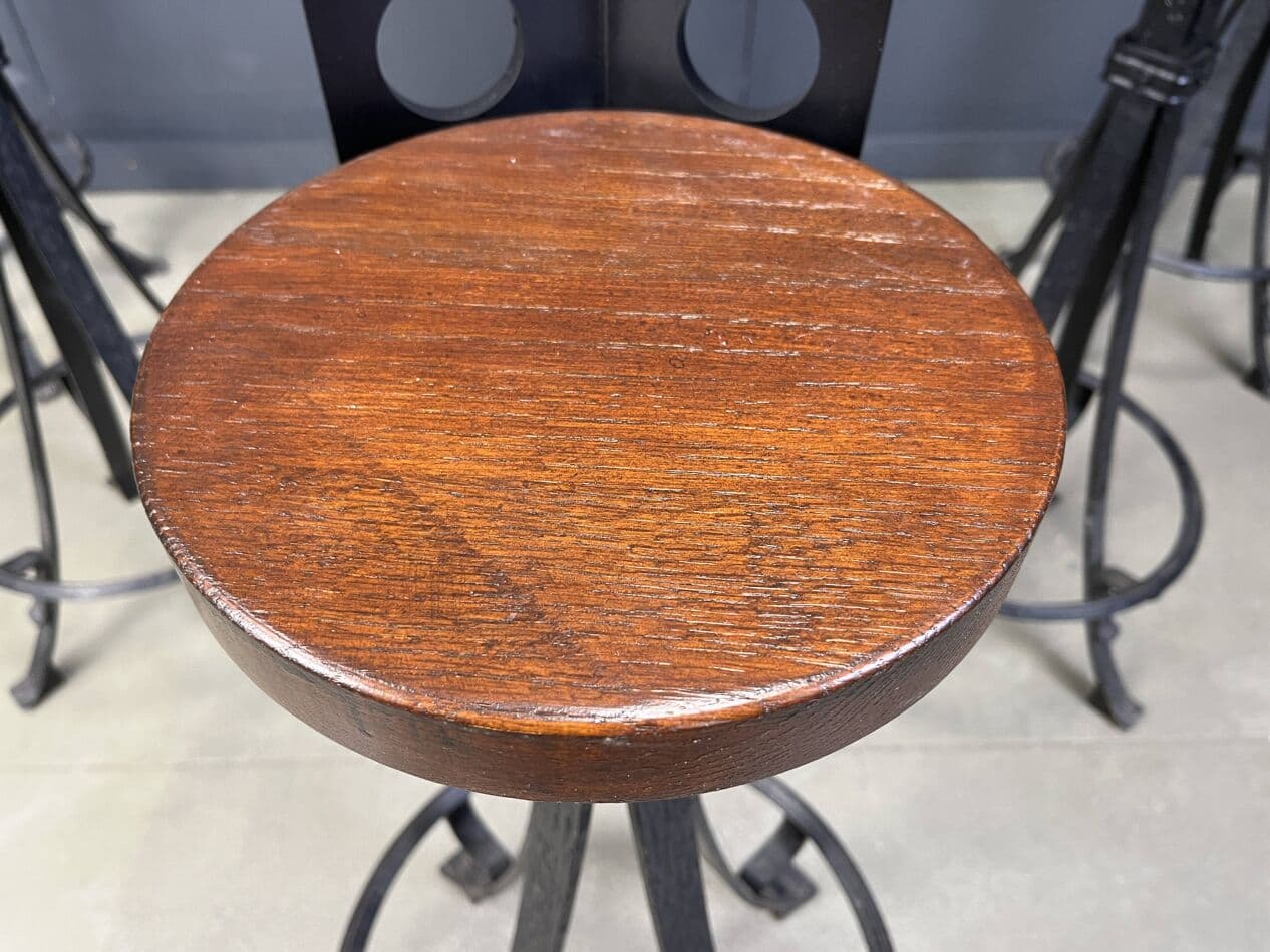 Zestaw sześciu stołków barowych brutalistycznych, drewno brązowe, żelazo czarne, Niemcy, lata 70. - 267262