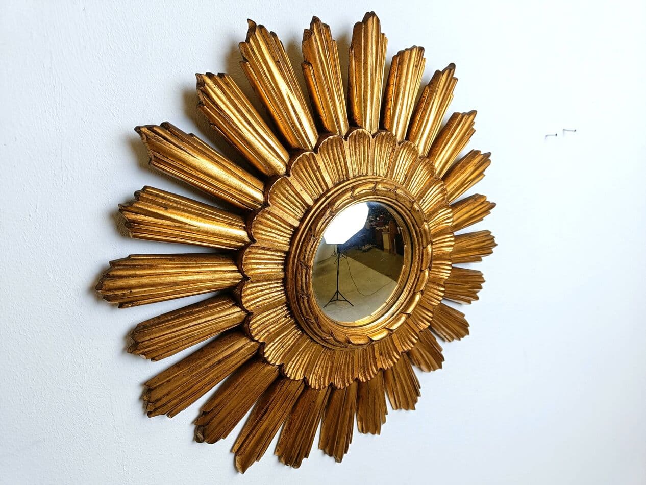 Sunburst mirror Ø43 cm, gold, glass, Belgium, 1960s. - 267242