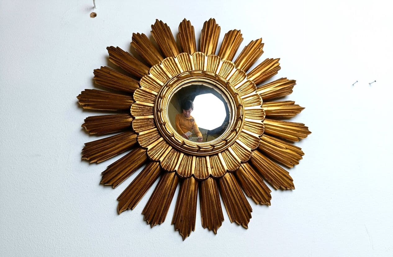 Sunburst mirror Ø43 cm, gold, glass, Belgium, 1960s. - 267248