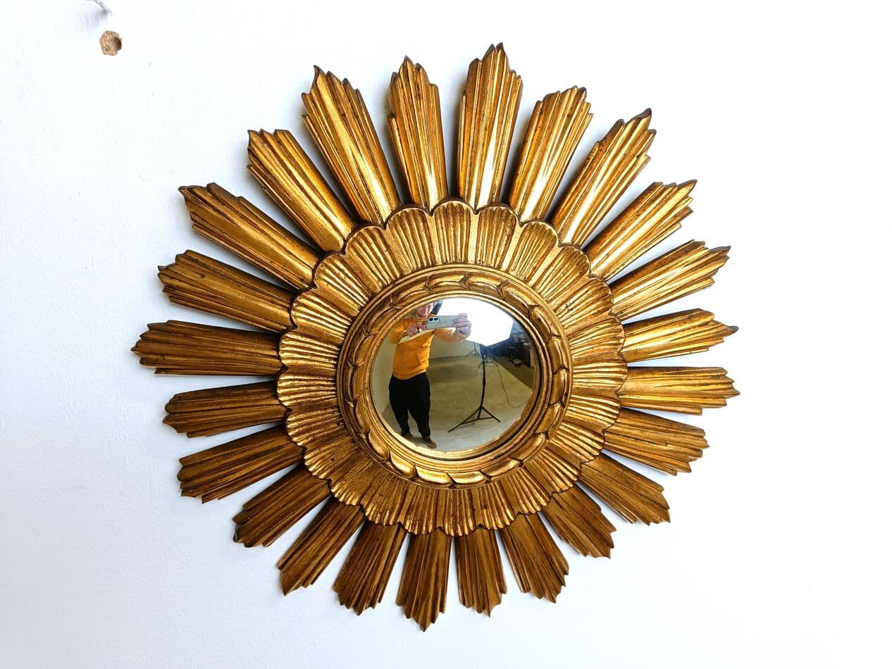 Sunburst mirror Ø43 cm, gold, glass, Belgium, 1960s. - 267246