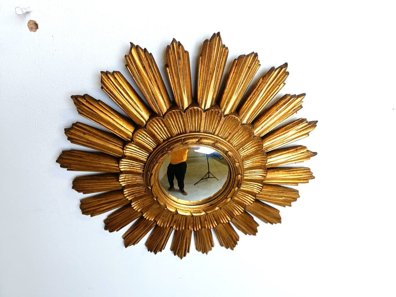 Sunburst mirror Ø43 cm, gold, glass, Belgium, 1960s. - 267245