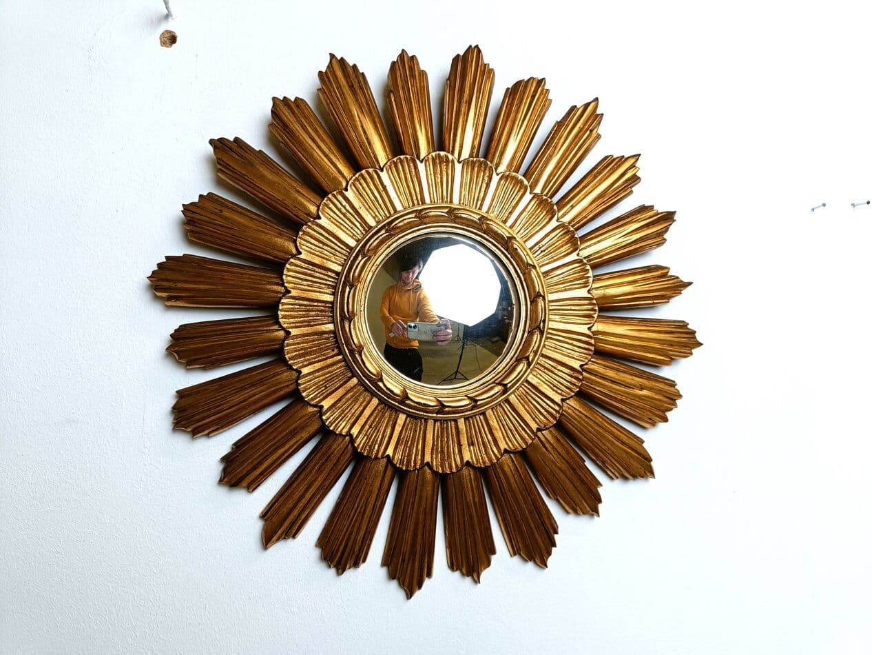 Sunburst mirror Ø43 cm, gold, glass, Belgium, 1960s. - 267247