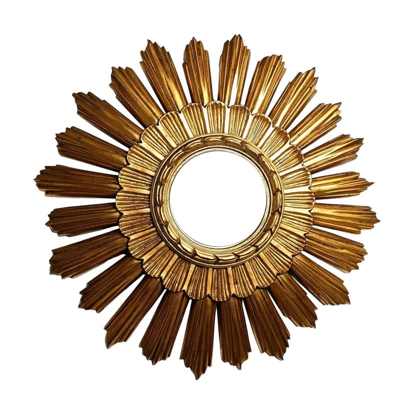 Sunburst mirror Ø43 cm, gold, glass, Belgium, 1960s.