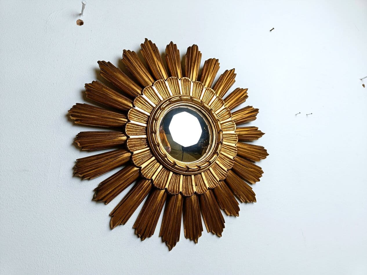 Sunburst mirror Ø43 cm, gold, glass, Belgium, 1960s. - 267244