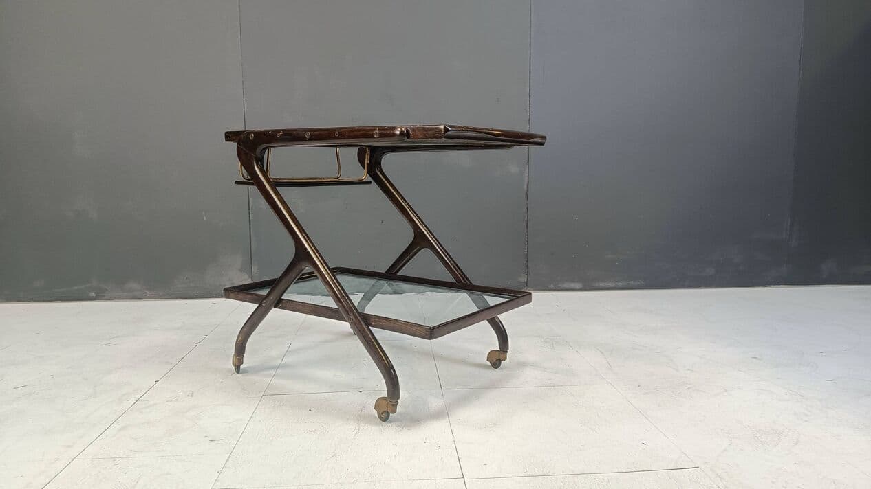 Barek na kółkach, brązowy, drewno szkło mosiądz, Włochy, lata 60. - 267229