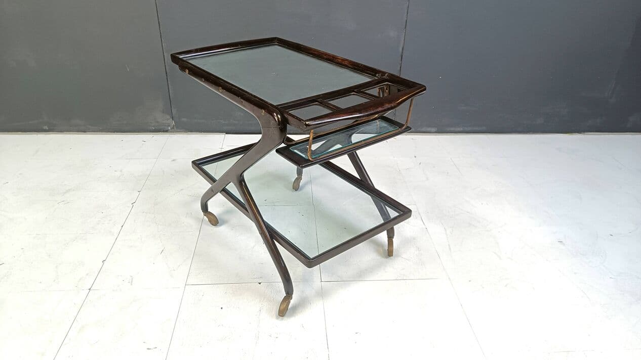 Barek na kółkach, brązowy, drewno szkło mosiądz, Włochy, lata 60. - 267222