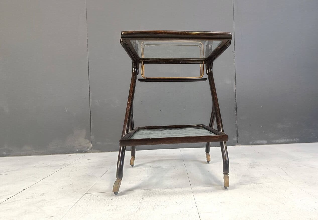 Barek na kółkach, brązowy, drewno szkło mosiądz, Włochy, lata 60. - 267232