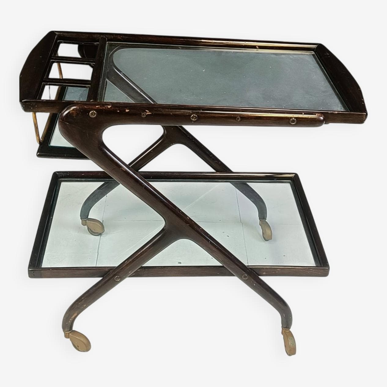 Barek na kółkach, brązowy, drewno szkło mosiądz, Włochy, lata 60. - 267224