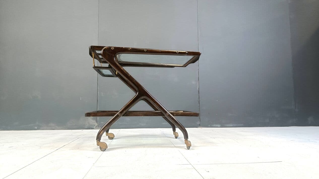 Barek na kółkach, brązowy, drewno szkło mosiądz, Włochy, lata 60. - 267227