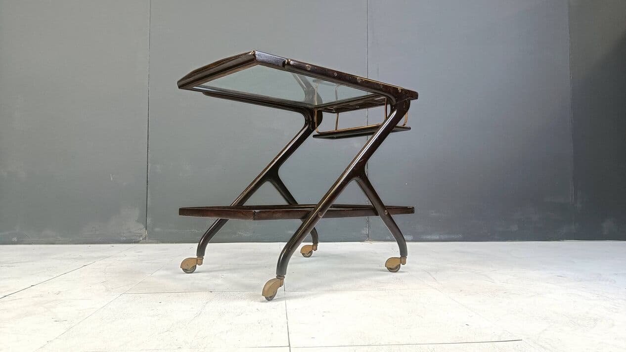 Barek na kółkach, brązowy, drewno szkło mosiądz, Włochy, lata 60. - 267221