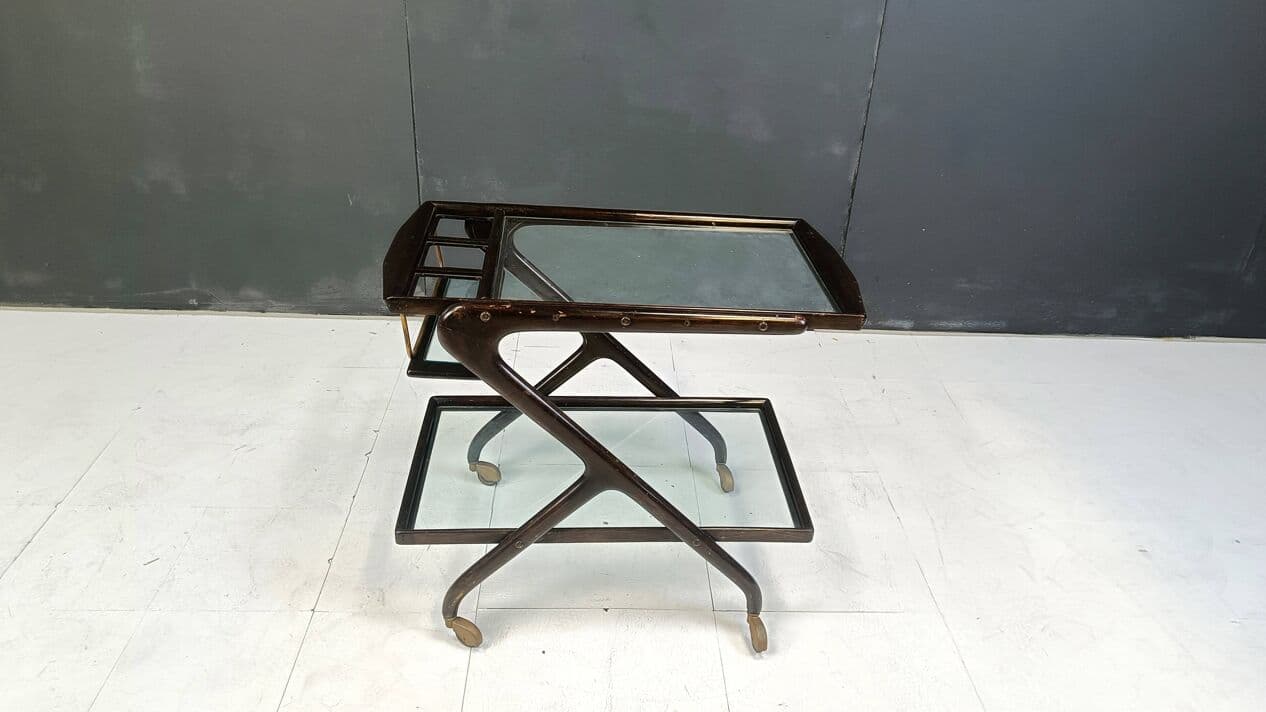 Barek na kółkach, brązowy, drewno szkło mosiądz, Włochy, lata 60. - 267219