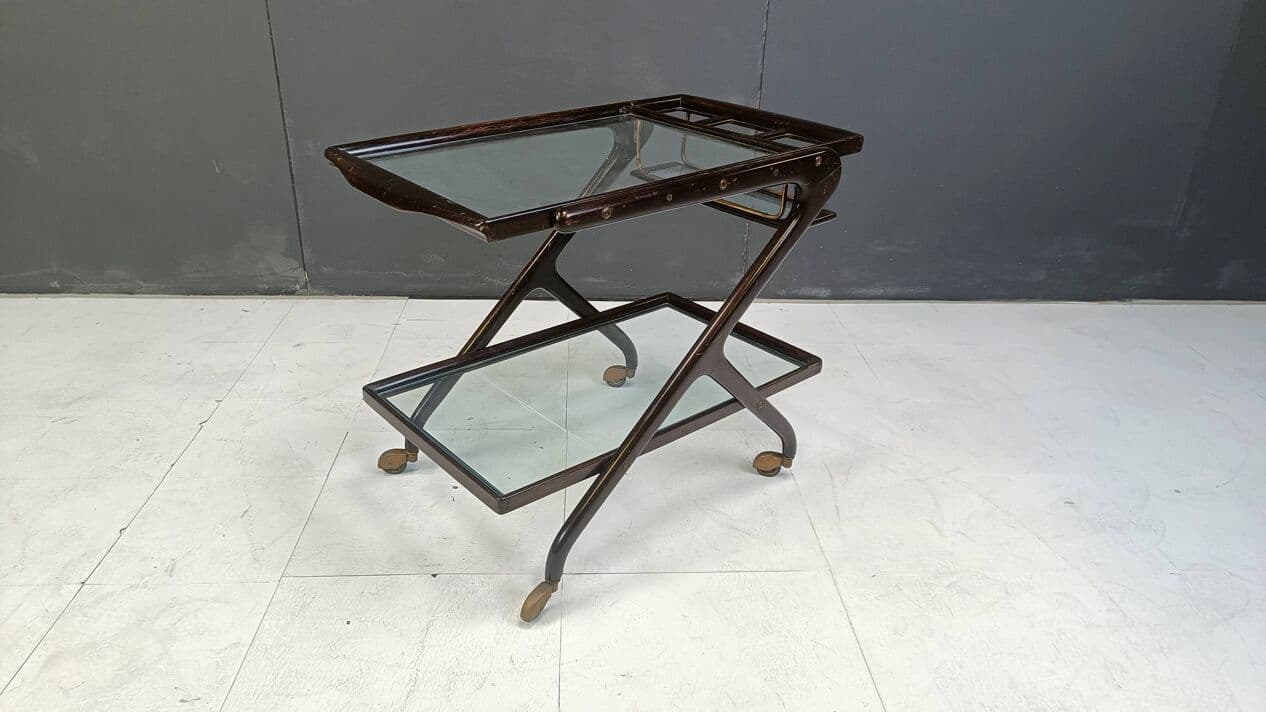 Barek na kółkach, brązowy, drewno szkło mosiądz, Włochy, lata 60. - 267220