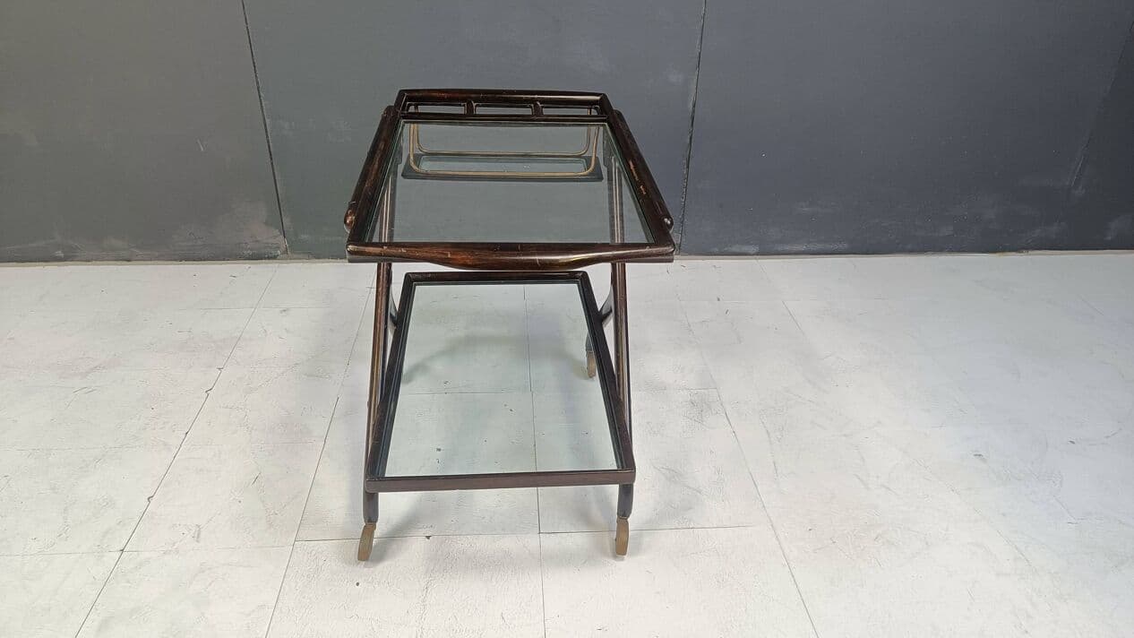 Barek na kółkach, brązowy, drewno szkło mosiądz, Włochy, lata 60. - 267231