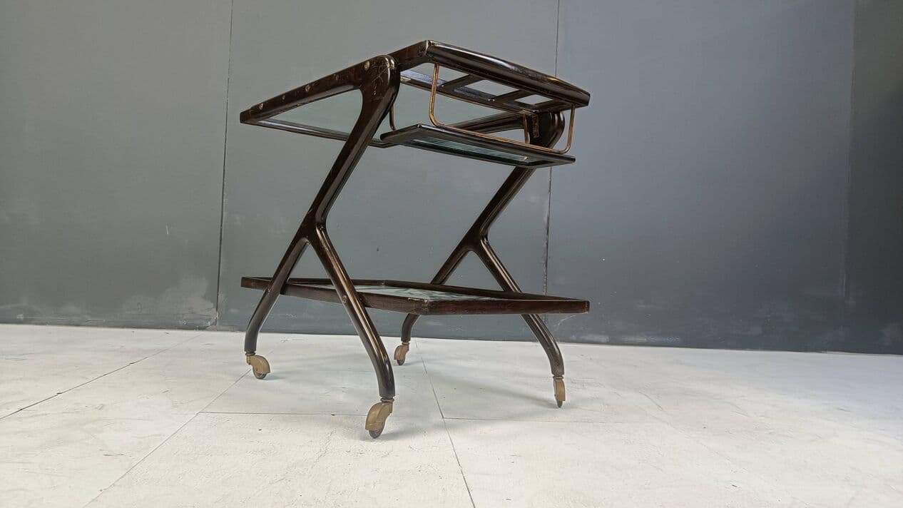 Barek na kółkach, brązowy, drewno szkło mosiądz, Włochy, lata 60. - 267223