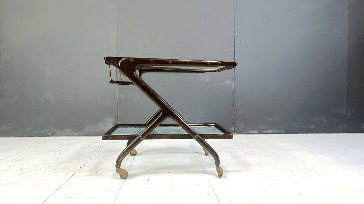 Barek na kółkach, brązowy, drewno szkło mosiądz, Włochy, lata 60. - 267226