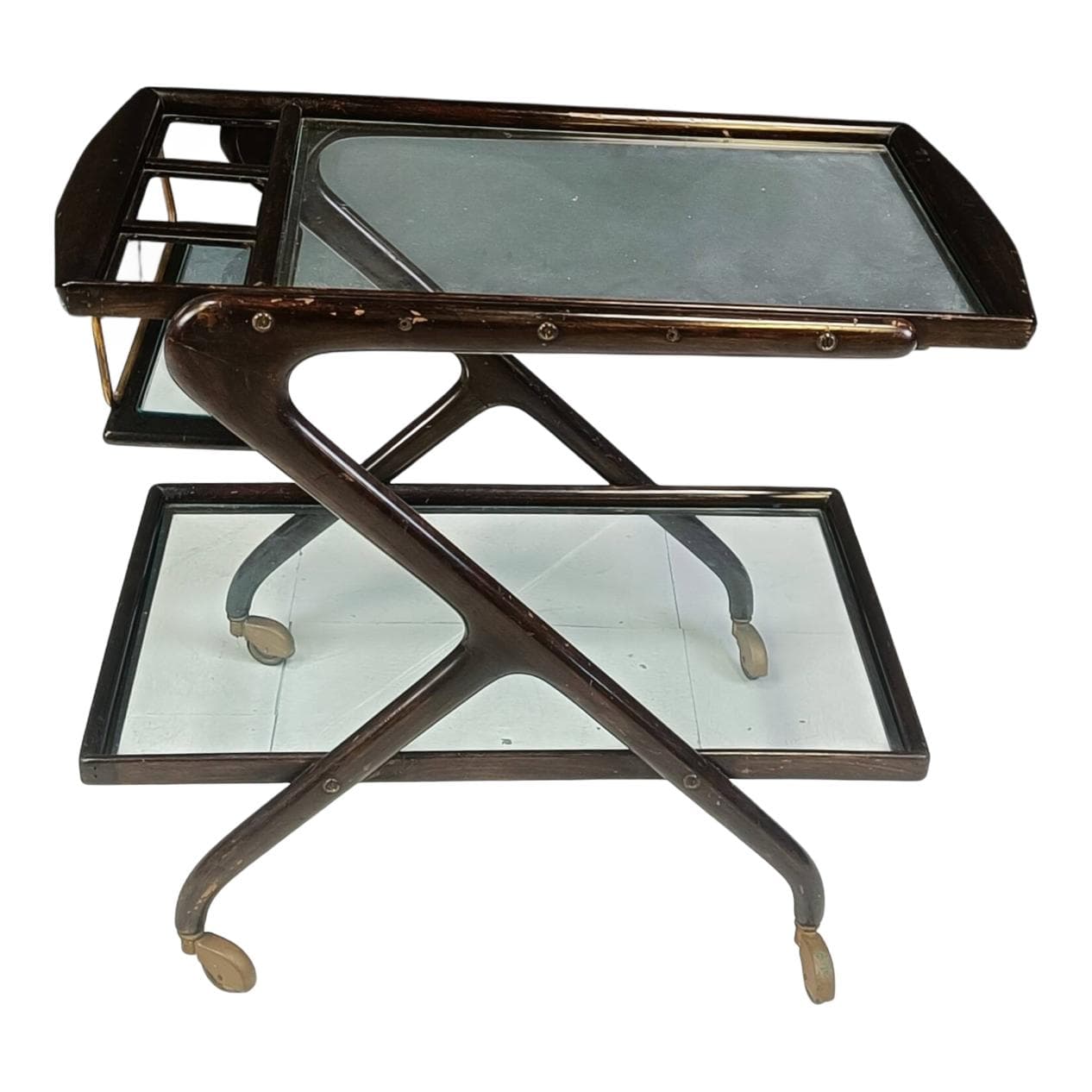 Barek na kółkach, brązowy, drewno szkło mosiądz, Włochy, lata 60.