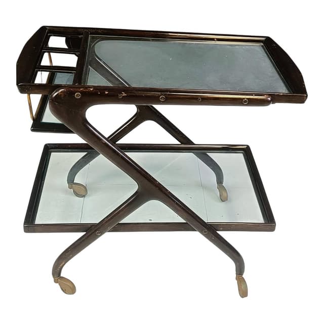 Barek na kółkach, brązowy, drewno szkło mosiądz, Włochy, lata 60. - WYMIARY