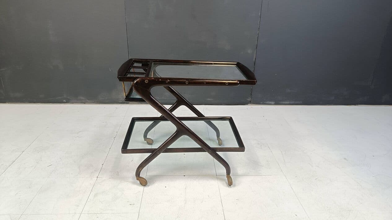 Barek na kółkach, brązowy, drewno szkło mosiądz, Włochy, lata 60. - 267225