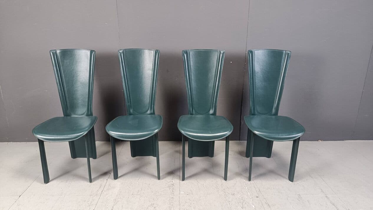 Set of four chairs, green leather, Italy, 1980s. - 267188