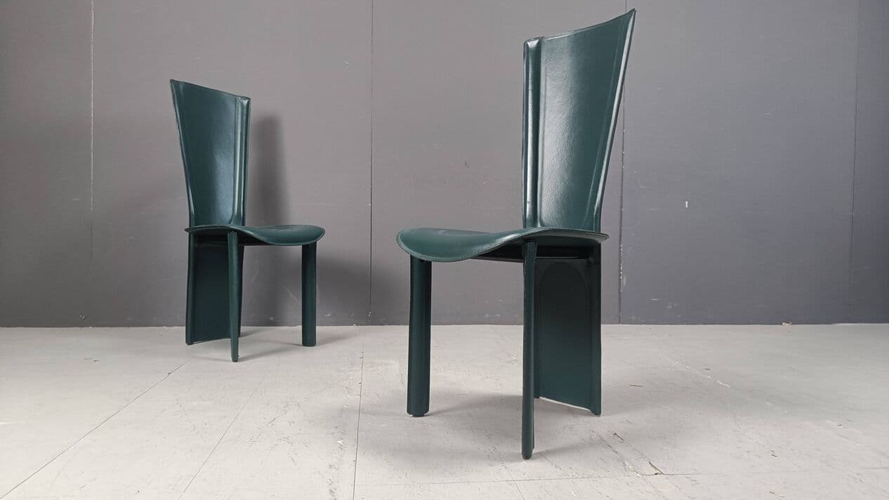Set of four chairs, green leather, Italy, 1980s. - 267194