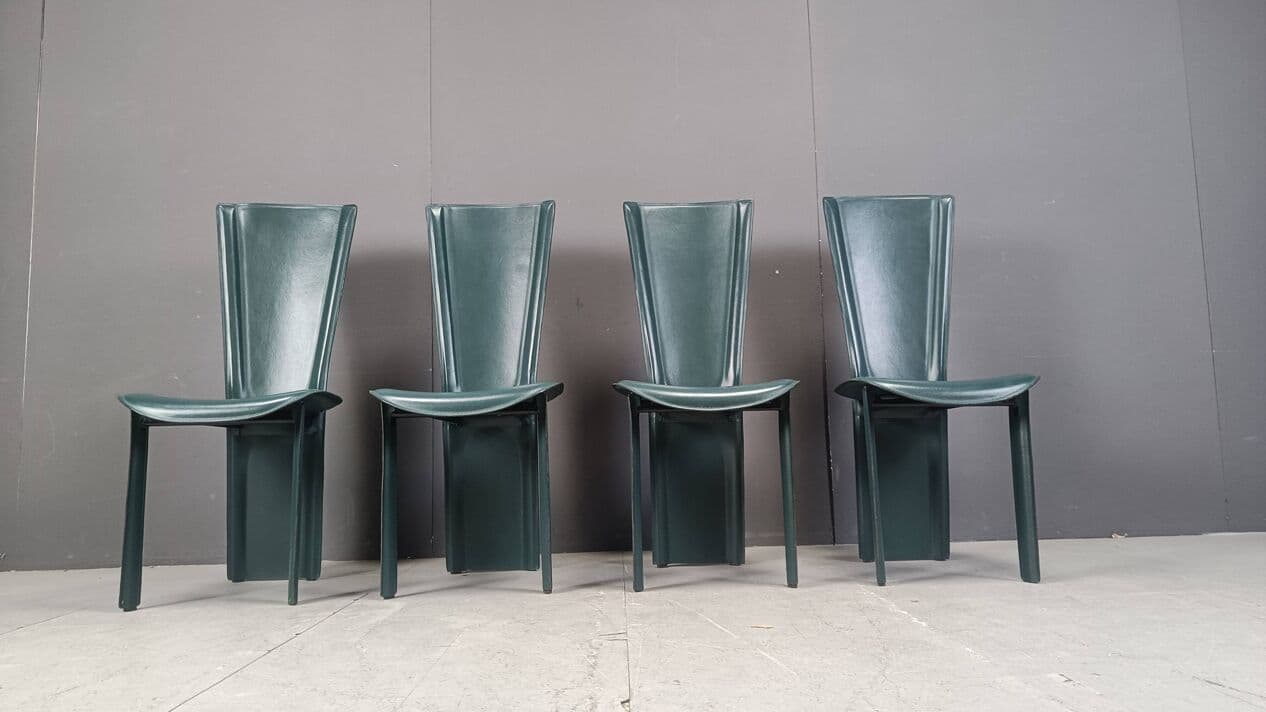 Set of four chairs, green leather, Italy, 1980s. - 267191