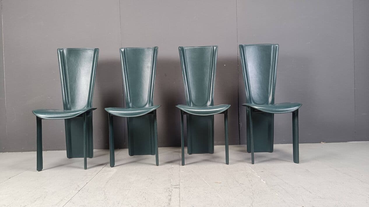 Set of four chairs, green leather, Italy, 1980s. - 267190