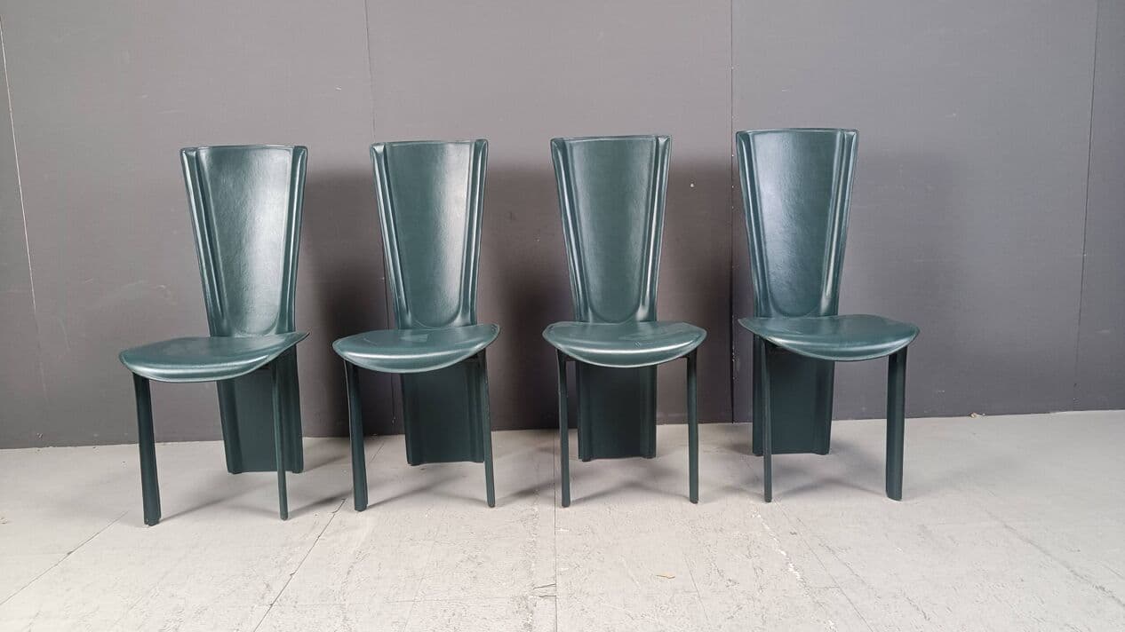 Set of four chairs, green leather, Italy, 1980s. - 267189