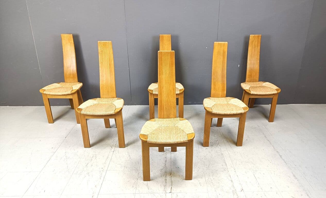 Set of six dining chairs, beige, oak, wicker, Germany, 1960s. - 267181