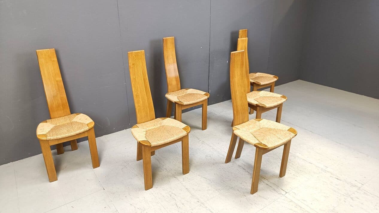 Set of six dining chairs, beige, oak, wicker, Germany, 1960s. - 267175
