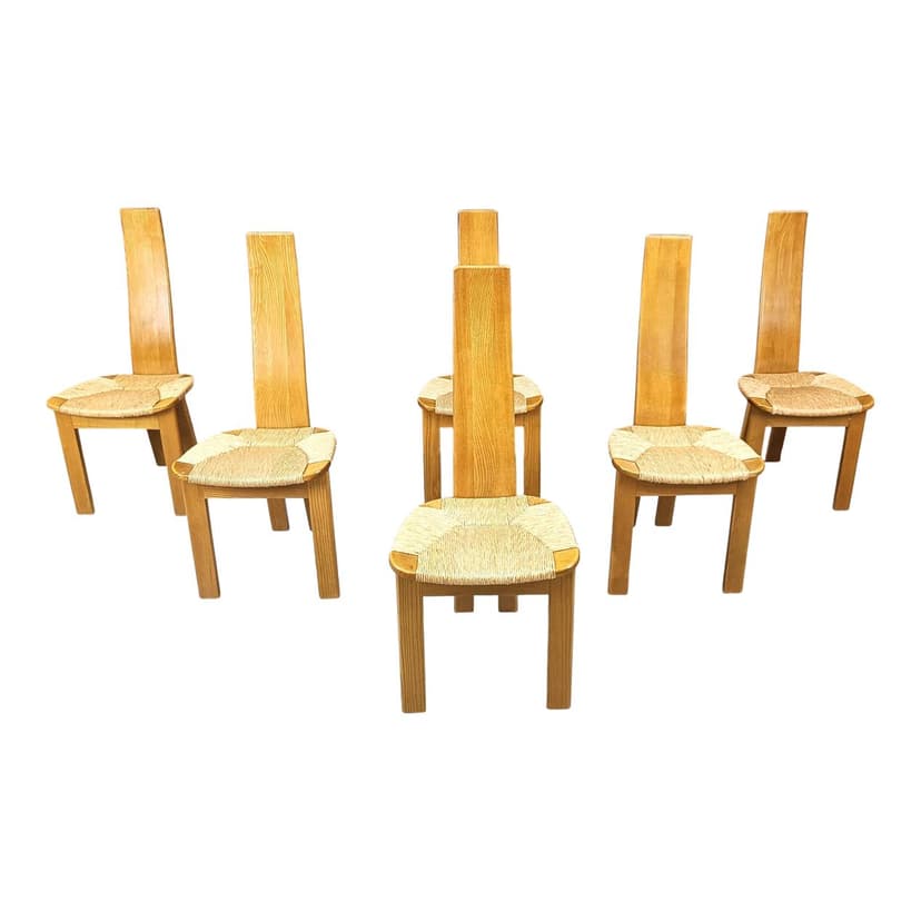 Set of six dining chairs, beige, oak, wicker, Germany, 1960s.