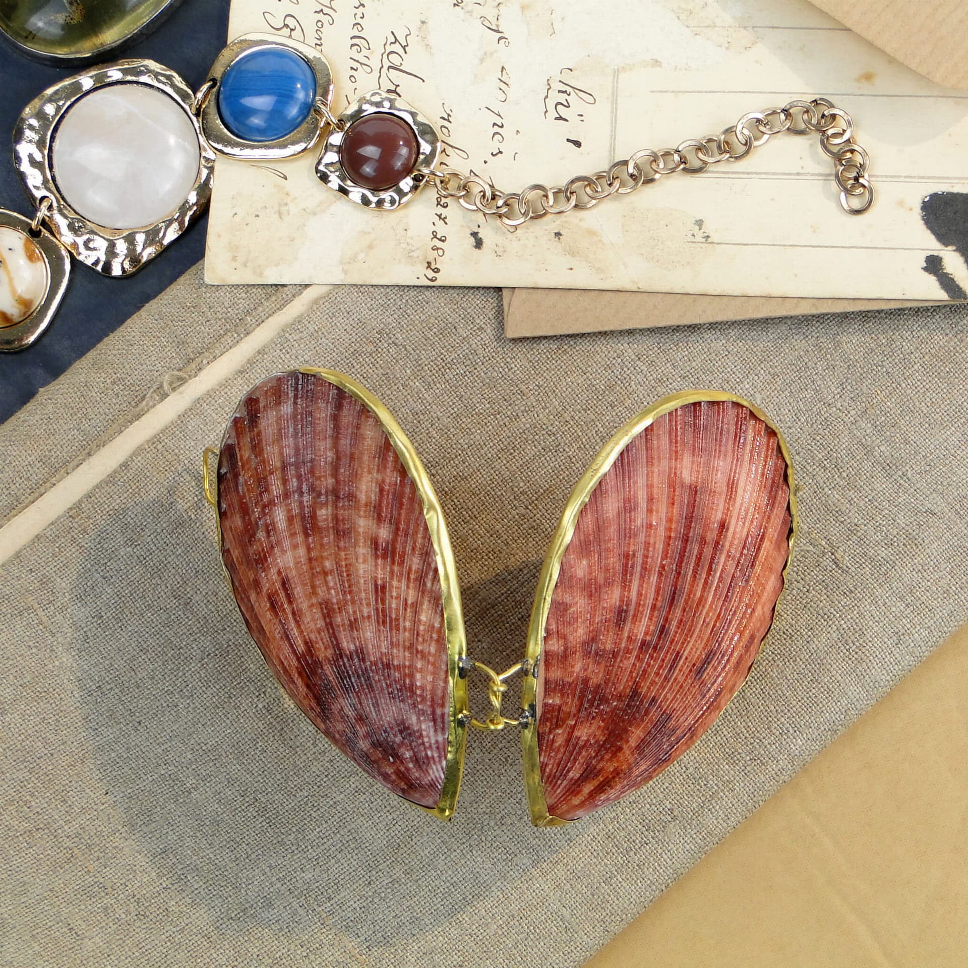 Pudełko na pierścionek, muszla różowa, mosiądz, vintage - 262090